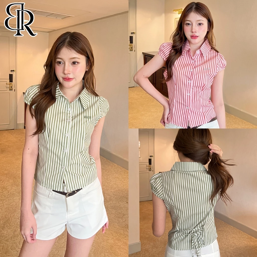 B&R พร้อมส่ง เสื้อผู้หญิง เสื้อเชิ้ตลายทางแขนสั้น สายรัดหลัง น่ารักและพอดีตัว มีให้เลือกหลากหลายสี ขนาด S-XL
