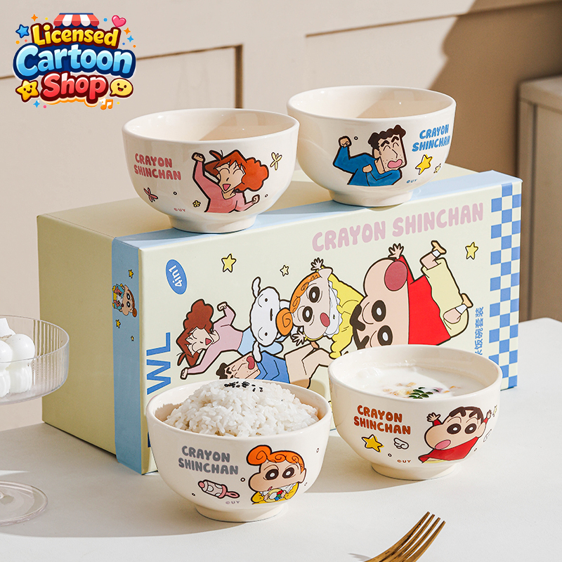 【ของแท้】Shinchan ชินจัง ชุดชามเซรามิค 4 ใบ 4.5 นิ้ว ลายน่ารัก กล่องเซ็ตหรู ของขวัญวันหยุด ใส่ข้าว ซุป ของหวาน ไมโครเวฟ