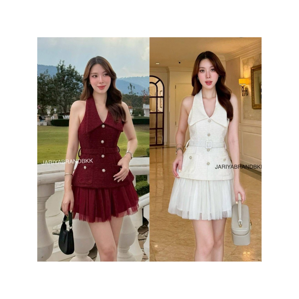 D2 งานป้าย Jariya Set ชุดเซ็ท 3 ชิ้น เสื้อ กระโปรงสั้น เข็มขัด สำหรับผู้หญิง เสื้อผ้าแฟชั่นผู้หญิง ไ