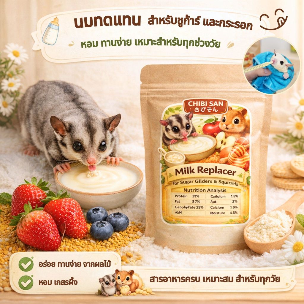 นมชูก้าร์ไกลเดอร์ กระรอก Chibi 100g นมทดแทนผสมผลไม้ เกสรผึ้ง อาหารสัตว์เล็ก