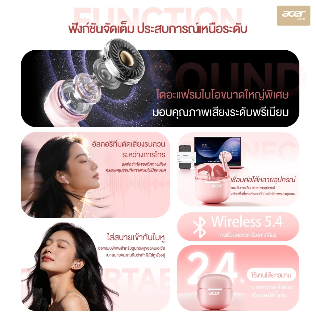 Acer OHR722 หูฟัง TWS Bluetooth 5.4 ENC Hi-Fi ใส่สบาย thumbnail 8