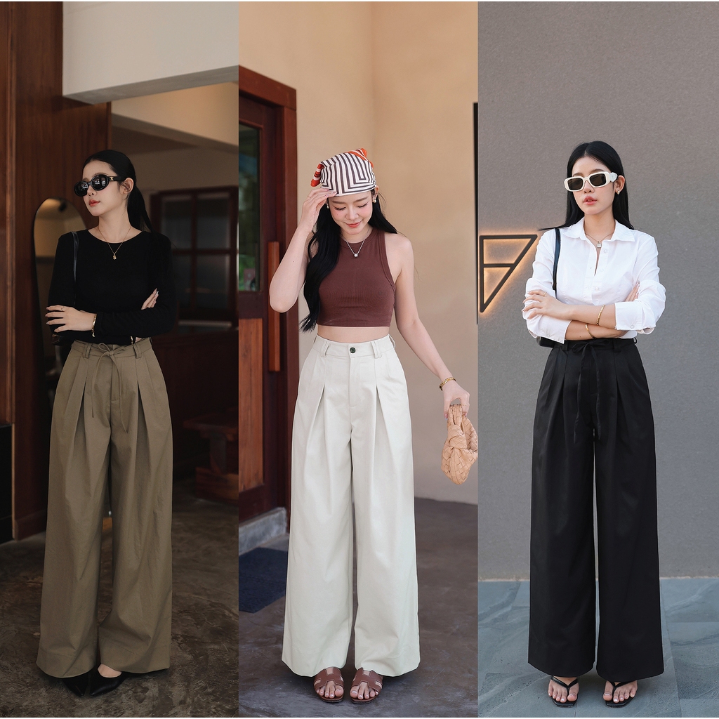 N7902 TIE WAIST WIDE LEG PANTS -มี 3 สี สีน้ำตาลหม่น ,สีครีมอมเทา, สีดำ - NUMBERSEVEN