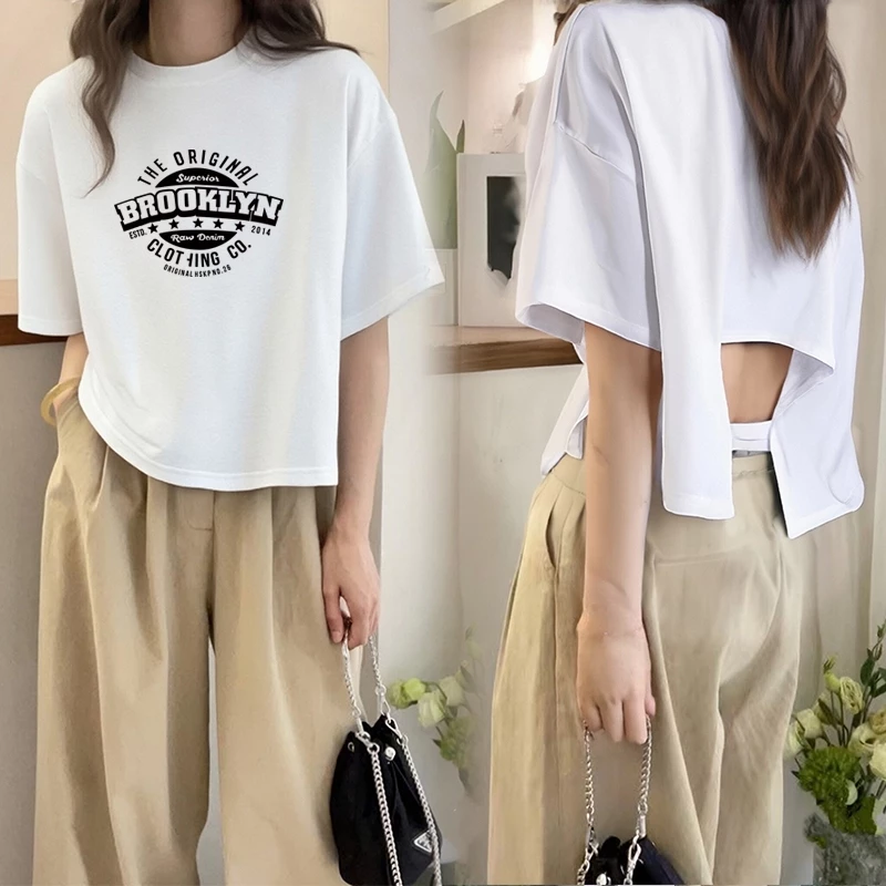 เสื้อครอปสาวอวบน่ารัก oversize เสื้อผ้าแฟชั่นไซส์ใหญ่ เสื้อยืดหญิงแขนสั้นแบบหลวมสไตล์เกาหลี สกรีนวินเทจ เซ็กซี่ เปิดหลัง thumbnail 4