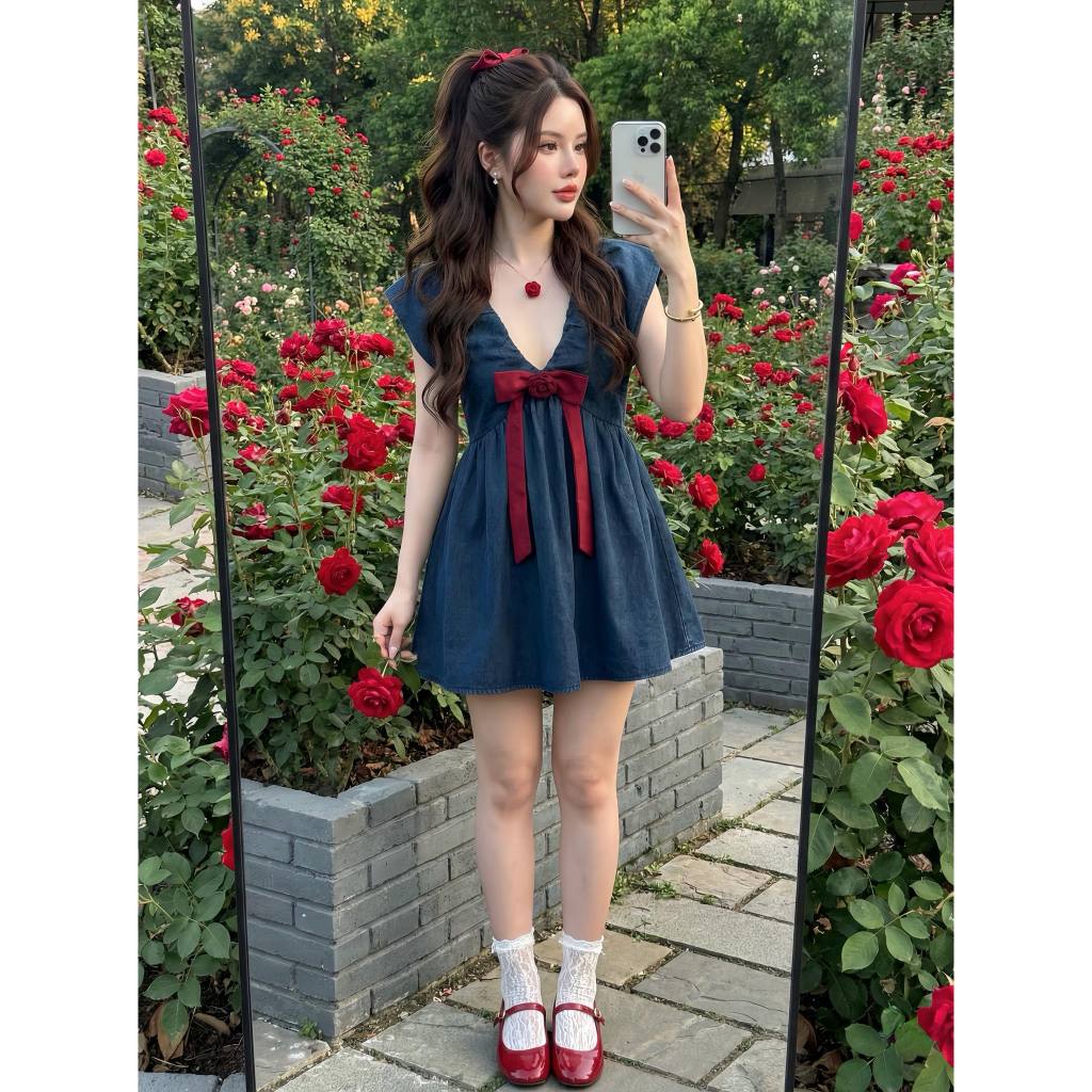 Thealner-AN417 (เซตเสื้อยีนส์แขนกุดแต่งโบว์แดง กางเกงขาสั้น) - รูปที่ 3