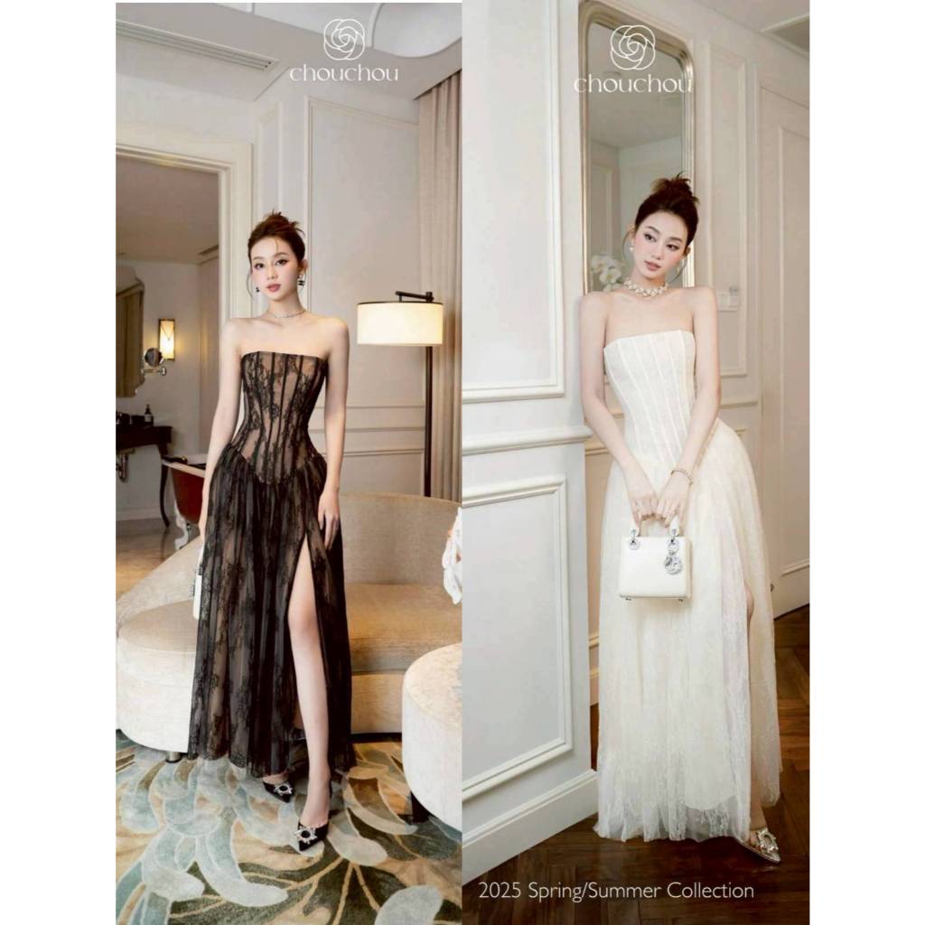 Chouchou Brand : เดรสยาวลูกไม้เกาะอกเสื้อสไตล์ครอเซท