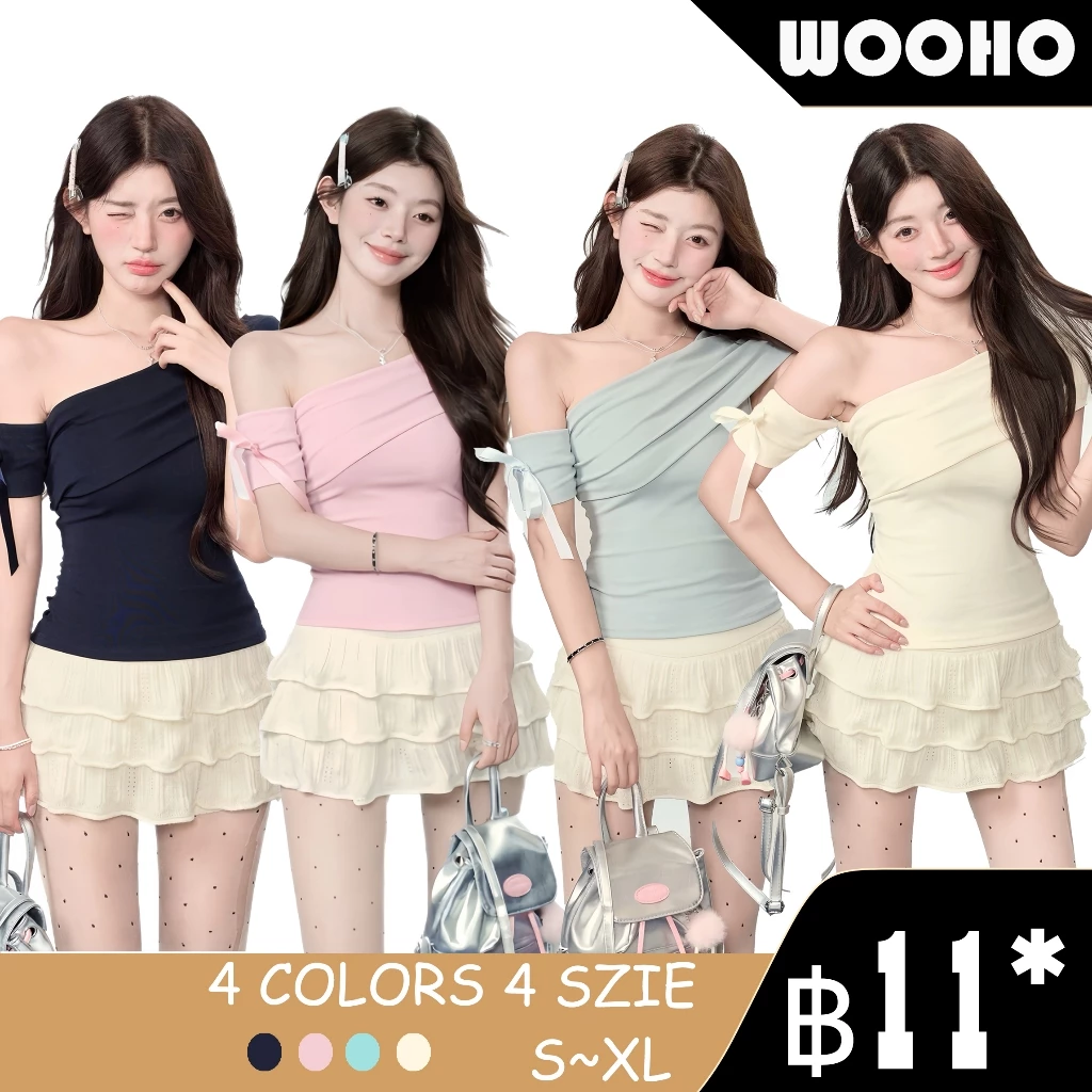 WOOHO.เสื้อครอปฟิตติ้งแขนสั้น ไหล่เอไม่สมมาตร เหมาะกับออกงาน ปีใหม่ วาเลนไทน์ ลุคเดทสุดปัง มัลติฟังก์ชั่นใส่ได้หลายโอกาส
