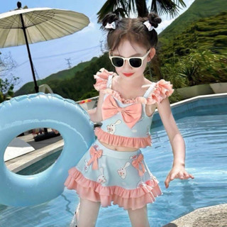 ชุดว่ายน้ำ 2 ชิ้น ลายกระต่าย แต่งระบาย น่ารัก สำหรับเด็กผู้ห…