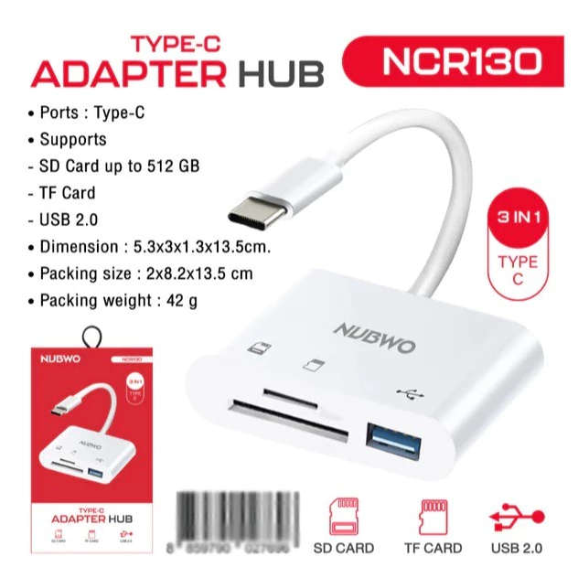 NUBWO (NCR130) 3 IN 1 TYPE-C USB HUB รองรับ SD Card/TF Card/USB รับความจุได้ถึง 512GB