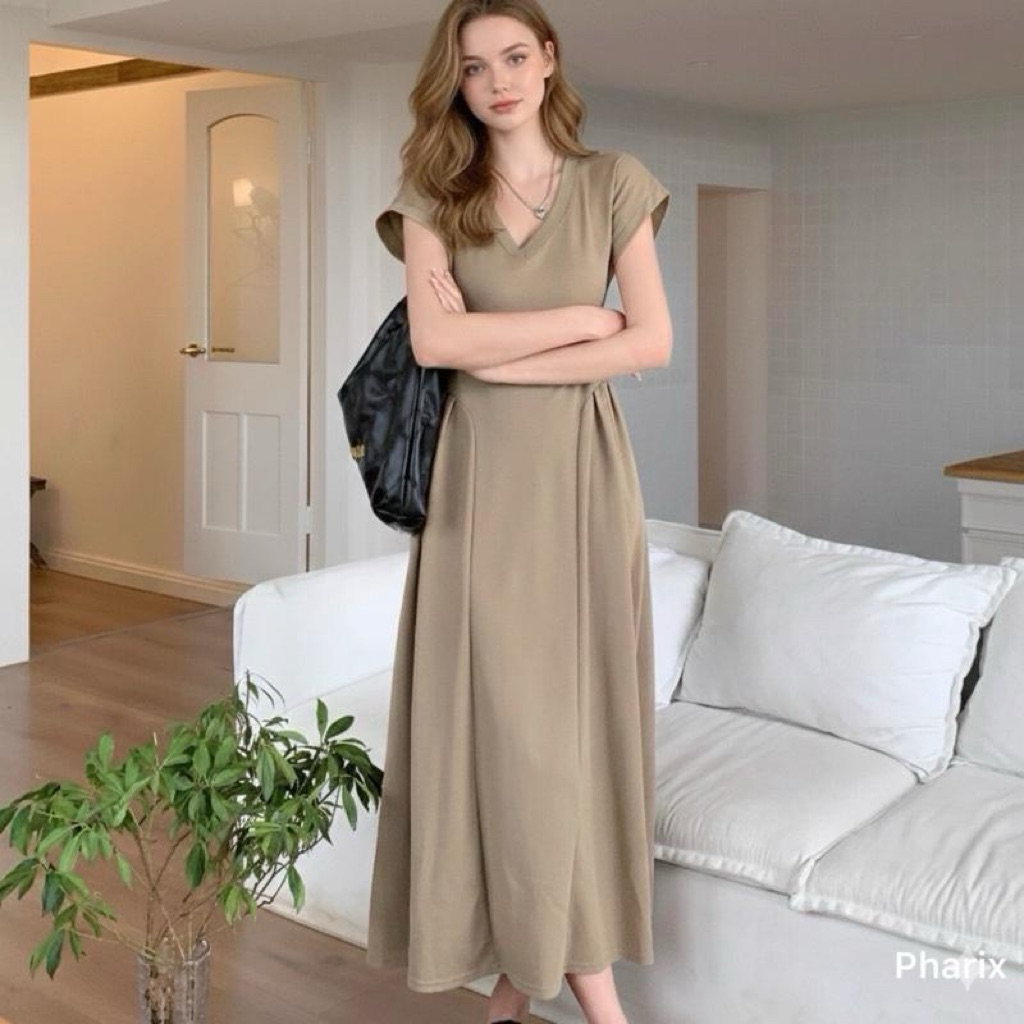 เดรสยาวคอวี ทรงเอ ใส่สบาย พรางหุ่น ผ้าทิ้งตัว ใส่เที่ยว ใส่ทำงานได้ D1