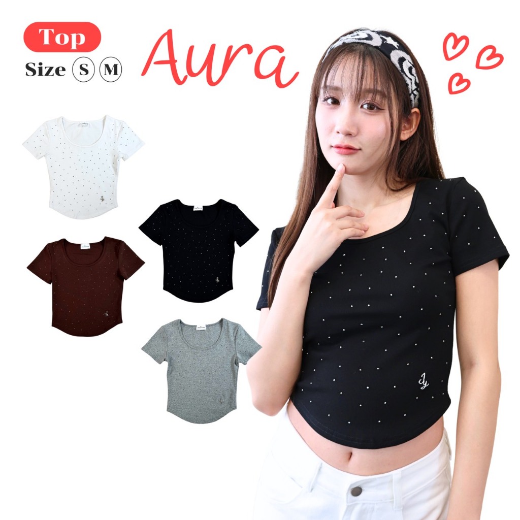 JARINYA (S-M) เสื้อครอปแขนสั้น ปลายโค้งปักเพชร แต่งเหล็ก JY (T1027)