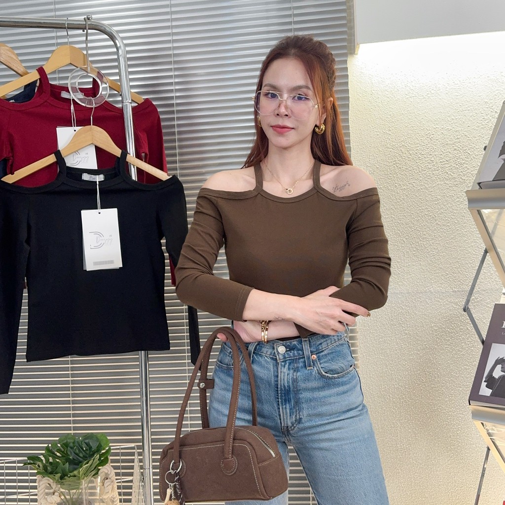 019-020 เสื้อยืดแขนยาว เว้าไหล่ ผ้าCotton supersofeมูจิ