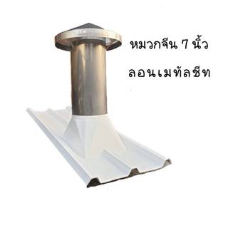 ชุดท่อหมวกจีนระบายควันแสตนเลส 7" รวมฐานไฟเบอร์ลอนเมทัลชีท/ลอนคู่ มีตะแกรงกันนกกันหนูฐานยาว1.20ม/1.50ม.
