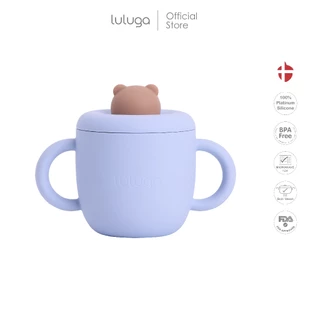 Luluga แก้วหัดดื่มซิลิโคน Bear แก้วน้ำเด็กพร้อมหลอด ฝาปิดกันหก Platinum Silicone BPA Free สำหรับเด็ก 6 เดือน+ ฝึกทาน BLW