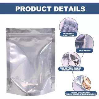ส่งฟรี ถุงฟอยล์หน้าใสหลังทึบสีเงิน ถุงอลูมิเนียมซิปล็อค แพก50ใบ