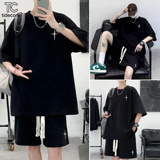 TideCore COD ชุดลำลองแขนสั้น+กางเกงขาสั้นผู้ชาย สไตล์สตรีทใส่สบาย หลวม ผ้าวาฟเฟิล เอวยางยืด #songkran#