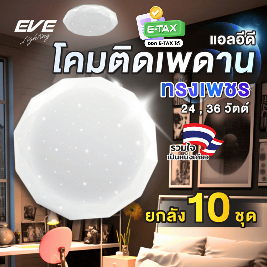( ยกลัง 10 ชุด ) โคมไฟติดเพดาน พร้อมแผงแอลอีดี ทรงเพชร LED ขนาด 24 - 36W แสงขาว