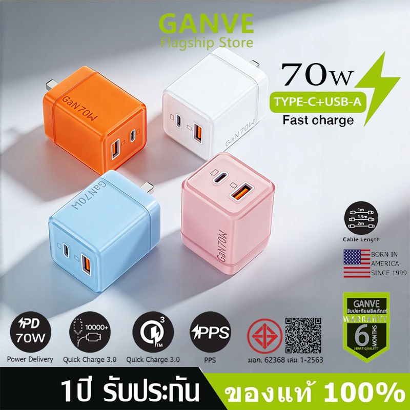 【หัวชาร์จเร็ว+สายชาร์จเร็ว】 PD 70W GaN charger ชุดชาร์จ Fastcharge type c to L รองรับรุ่น 7~15