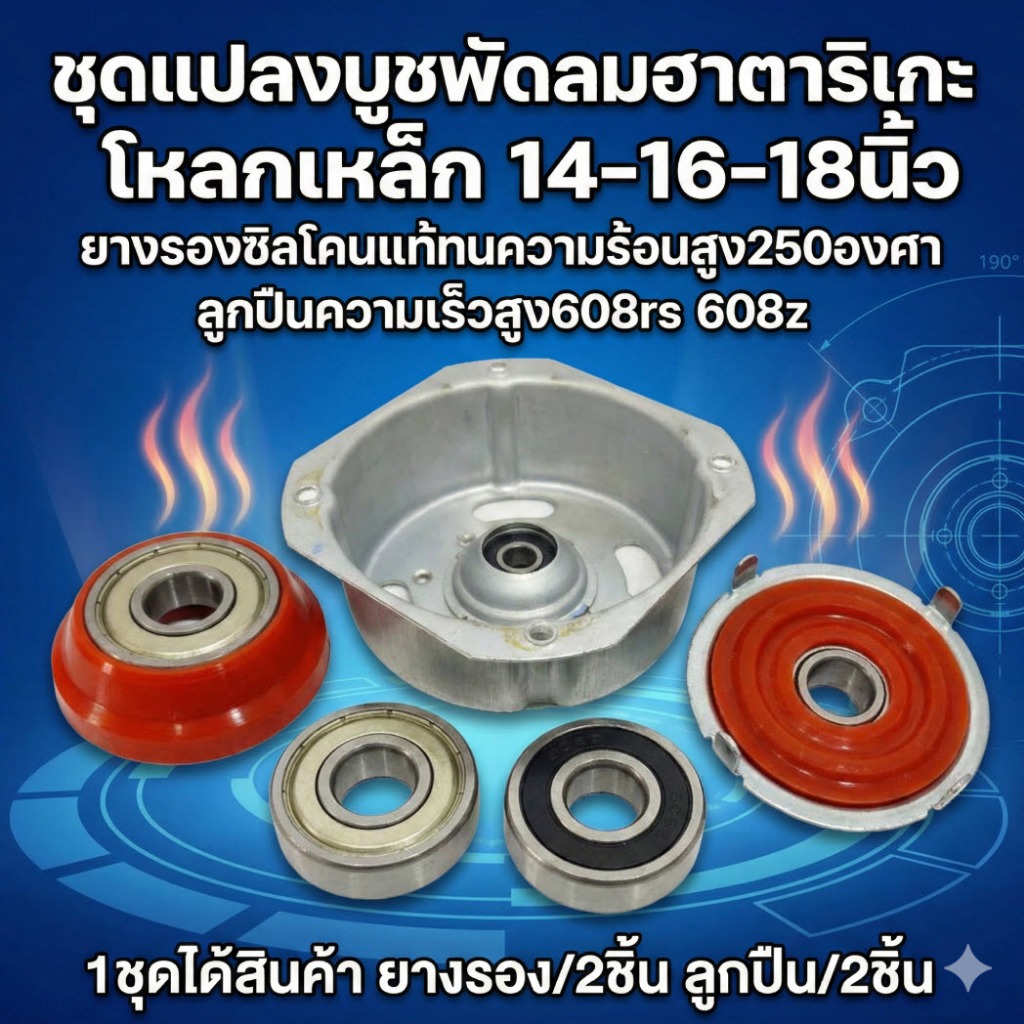ยางรองลูกปืน 608 ชุดเเปลงบูชพัดลมฮาตาริ 14-18นิ้ว ตลับลูกปืน 608rs 608z  กะโหลกเหล็ก  อะไหล่พัดลมฮาตาริ ยางซิลิโคนเเท้