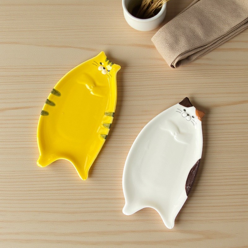 จานเซรามิกแมวยืด น่ารัก จานยาวใส่ขนม ที่วางช้อนส้อม(Spoon Rest) ถาดใส่เครื่องประดับ ลายแมวกวนๆ พร๊อบถ่ายรูป