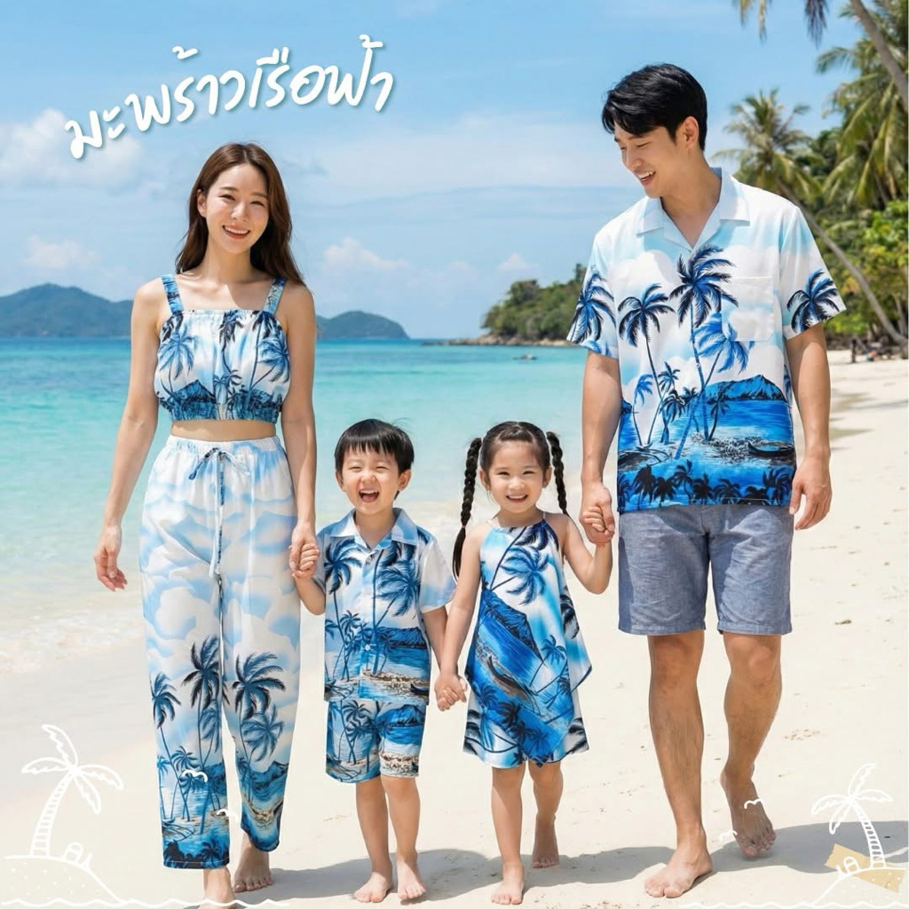 เสื้อฮาวาย ชุดเดรส ชุดเด็ก เสื้อเด็ก #ลายมะพร้าวเรือฟ้า(สินค้าขายแยกชิ้น)