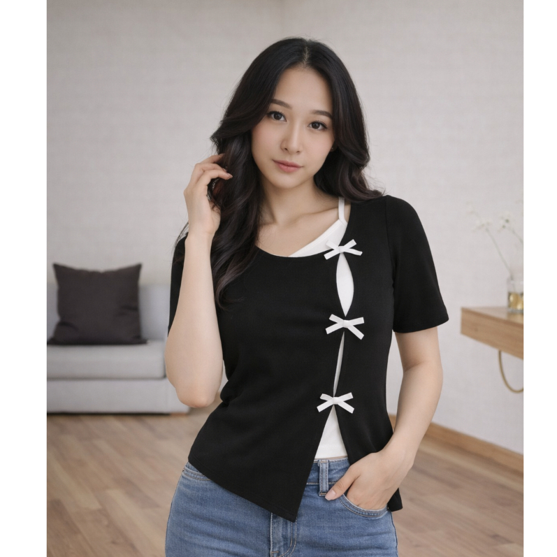 เสื้อสาวอวบแฟชั่น ผ้านิ่มเด้ง แต่งโบว์น่ารัก ดีไซน์เรียบหรู สไตล์ผู้หญิงหวานๆ รหัส 851