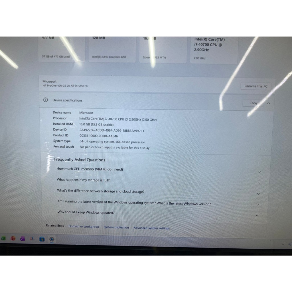 HP ProOne 400 G6 i7 - 10700 @ 2.90 GHz RAM 16G DDR4 / 20.0" M.2 512G /