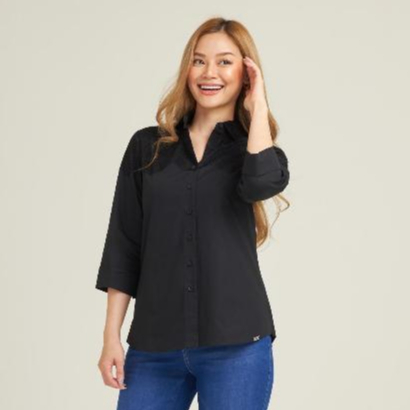 GSP เสื้อเชิ้ต ผ้าคอตตอน สีดำ แขนสี่ส่วน แต่งลูกไม้บริเวณหน้าอก PP3GBL