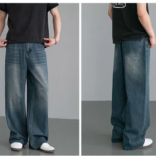 SHEESH-กางเกงยีนส์ผู้ชายขากว้าง สีน้ำเงินเข้ม baggy jeans ขากระบอก ย้อนยุค สไตล์อเมริกัน