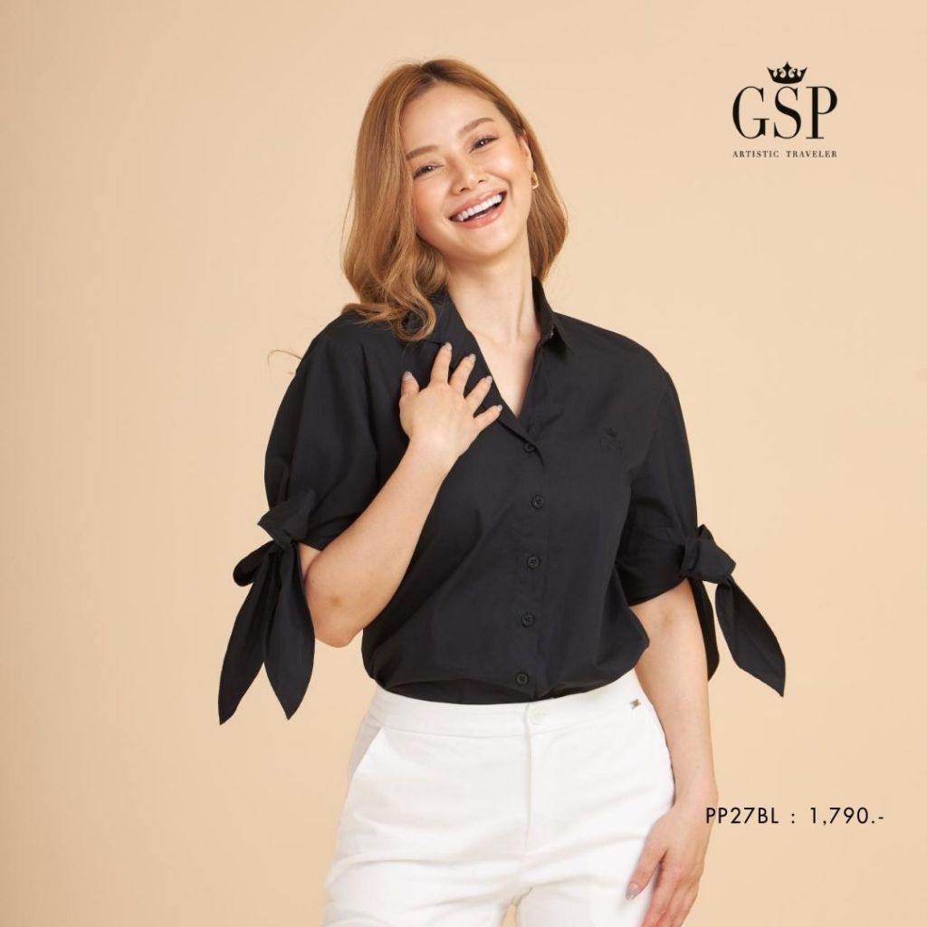 GSP เสื้อเชิ้ต คอตตอน สีดำ แต่งผูกโบว์ปลายแขน PP27BL