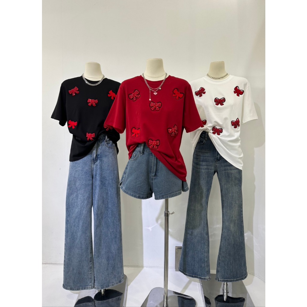 A1042 – เสื้อยืดโบว์ปักเลื่อมพร้อมเจาะเพชรสุดคิ้วท์
