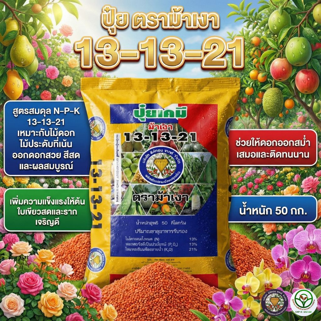 ปุ๋ยเคมี ตราม้าเงา สูตร 13-13-21 (ปุ๋ยสำหรับบำรุงดอกและผล)แบบแบ่งกิโลกรัม