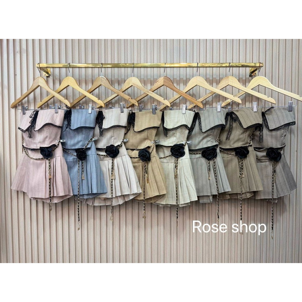 Phapassz - เซต 3 ชิ้น เกาะอกแต่งลูกไม้ผ้าสโนว์ลายเสริมฟองน้ำ กระโปรงจับจีบข้างมีซับในกางเกงเข็มขัดกุหลาบหรู #Roseshop - รูปที่ 6