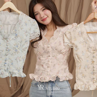 PETTIES BLOSSOM TOP(Pre-เหลือง,ชมพู)เสื้อคอวีแต่งลายหยัก ตรงช่วงอก เนื้อผ้าคอตตอลแต่งงฉลุมีซับใน มีเชือกปรับให้ดูเอวคอด