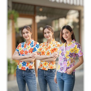 เสื้อผูกข้างพิมลายดอก เหมาะกับเทศกาลสงกรานต์