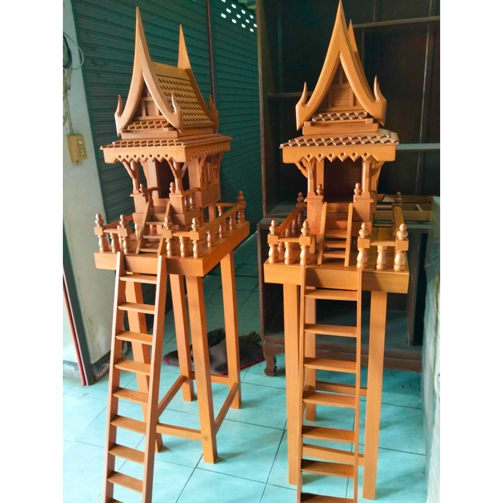 ศาลตายาย 4 เสา ไม้สักแท้ ขนาดฐาน 40x50 cm.(ตัวบ้าน/ฐาน/เสา/บันได)