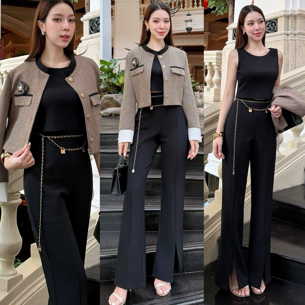 Code 27700เซ็ทเสื้อ Blazer ทวิตคอจีนแขนยาว กางเกงขาม้า พร้อมเสื้อกล้าม