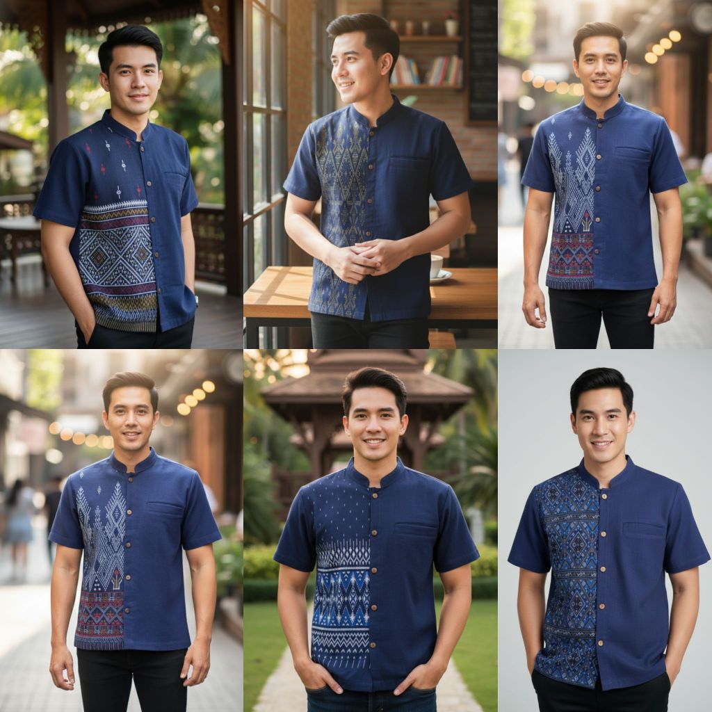 เสื้อลายไทยทูโทนผู้ชายแขนสั้น เนื้อผ้าฝ้ายพิมพ์ลายหมักโคลน โทนสีกรม แถม!!ถุงใส่แก้วน้ำ