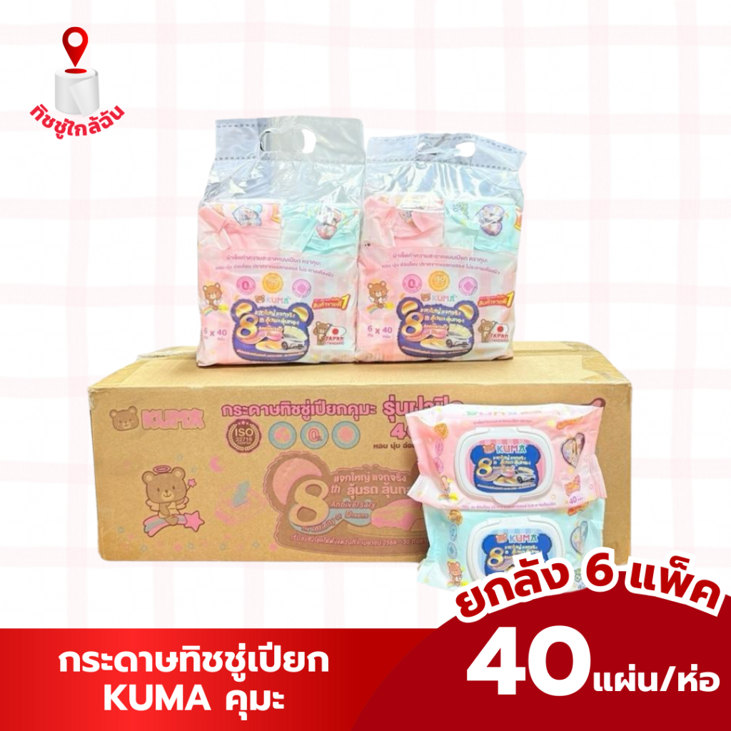 ยกลัง KUMA ทิชชู่เปียก คุมะ รุ่นฝาปิด 40 แผ่น สูตรปราศจากแอลกฮอล์ (36ห่อ/ลัง) ผ้าเช็ด ทำความสะอาดผิวแบบเปียก