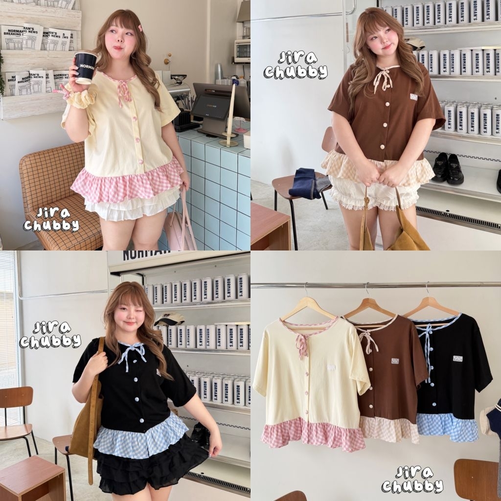 เสื้อคอกลมผ้ายืดยูนิโคล่แต่งระบายชายและโบว์ลายสก็อต อก 52 นิ้ว