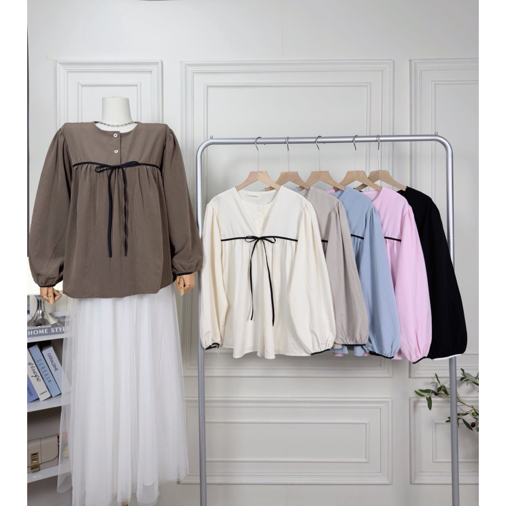 🚨889 งานป้าย On Fleek ผ้าอัดลายนิ่มไม่ต้องรีด เสื้อแขนยาวดีเทลคอกระดุม แต่งโบว์ที่หน้าอก แต่งปลายแขน เสื้ออิสลาม มุสลิม