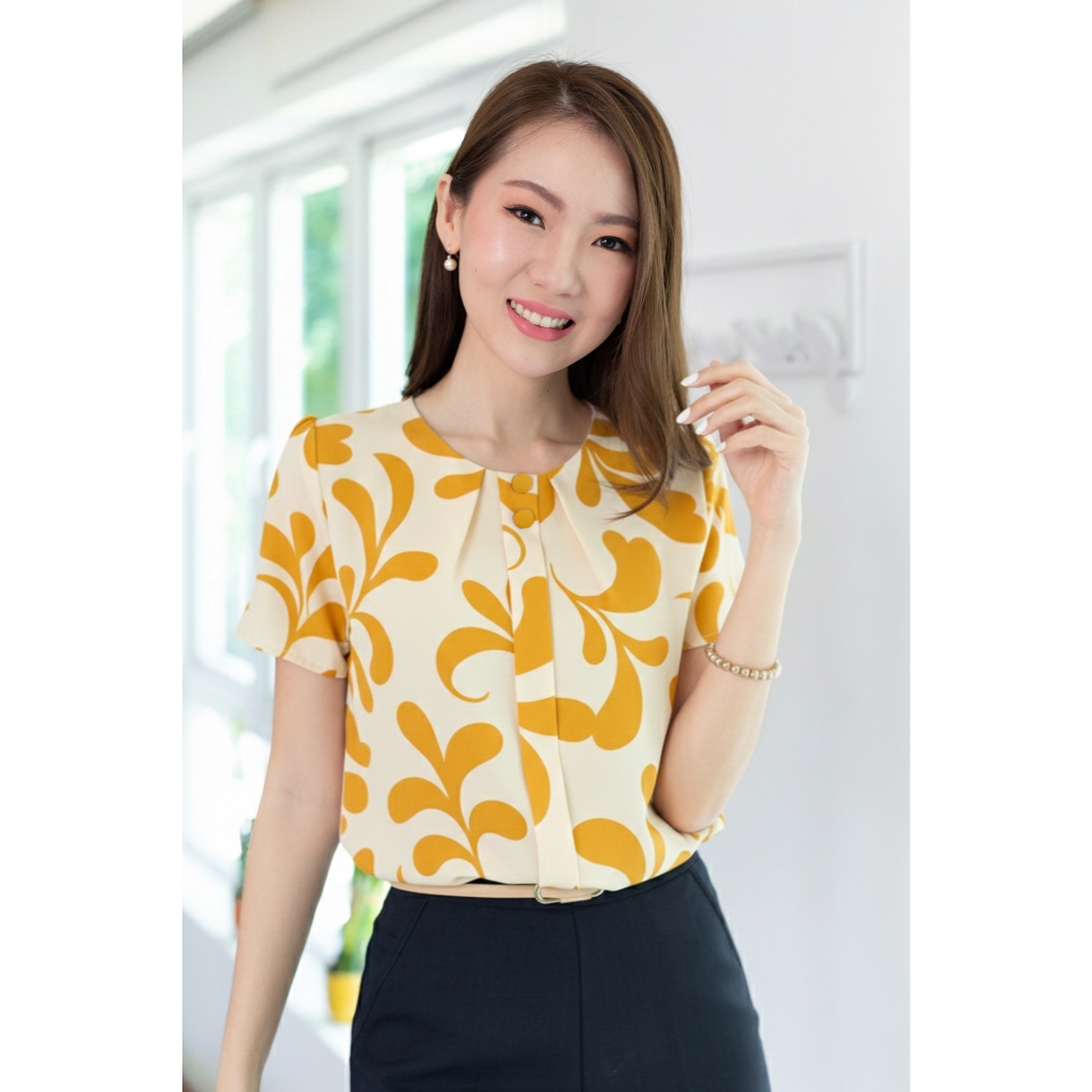Narinari : NT2328 Double Button Placket Blouse เสื้อทำงานสวยสุภาพ