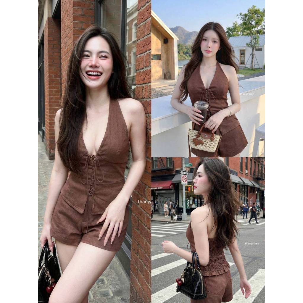>>THANYATHEP<< TYT  22108 เซท2ชิ้น เสื้อคอปกผูกหน้า ผ้ายีนส์โทนน้ำตาลมาคู่กับกางเกงขาสั้นดีไซส์ชุดมั