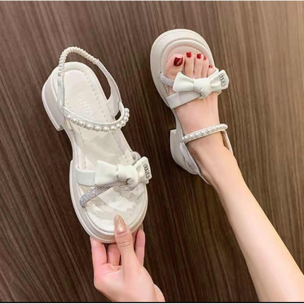 NEW10 รองเท้ารัดสัน แต่งมุก/เพชร สูง 5.5CM 35 - 40
