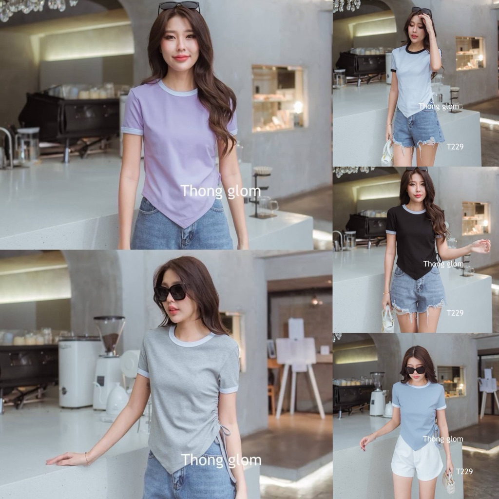 T229 เสื้อแขนสั้นคอกลมทูโทน ดีเทลเชือกรูดข้าง ใส่แมชเข้าได้ทุกลุค