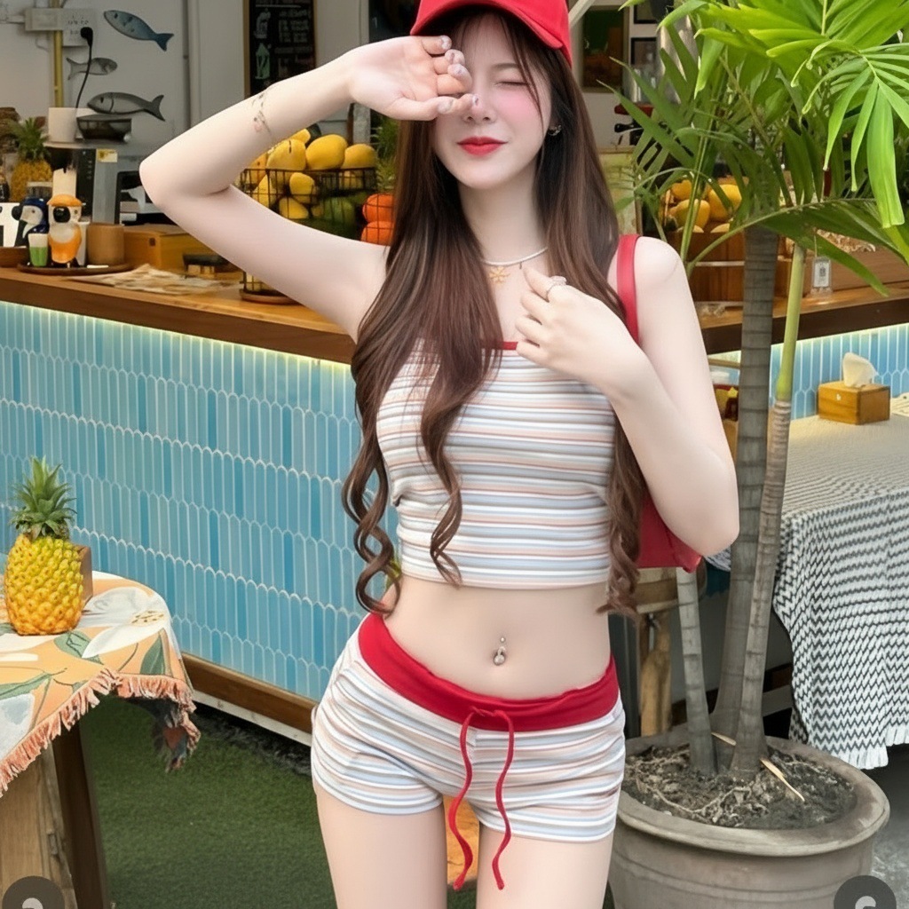 Bikinicutecute 💙 ชุดว่ายน้ำ ทูพีช สีฟ้าขอบแดง พร้อมกางเกงขาสั้น มีฟองน้ำ
