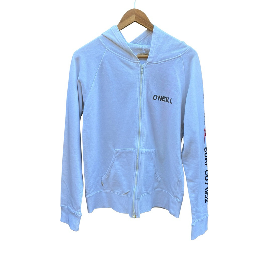 เสื้อสเวตเตอร์ฮู้ดวินเทจ y2k O'Neill Surf Co 1952 Zip Up Graphic White Hoodie