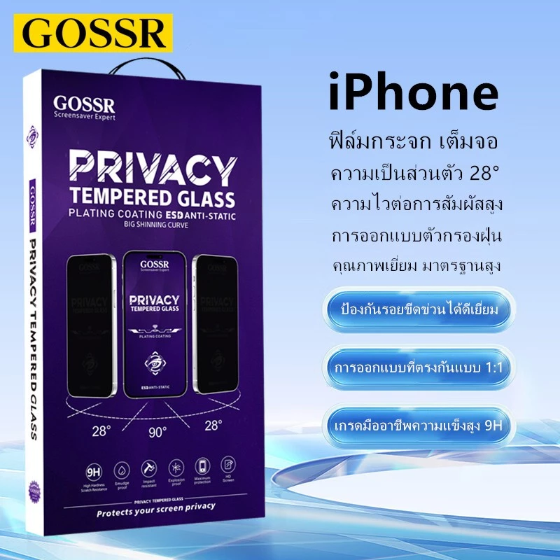 GOSSR ฟิล์มกระจกเต็มจอ Privacy กันเผือก สำหรับ iPhone 17 16 15 14 13 12 Pro Max 14 15 16 17 Pro 17 Air 15 14 Plus 11 XR