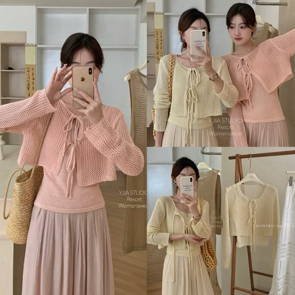 📍พร้อมส่ง📍330-3 Set เสื้อ2 ชิ้น เสื้อสายเดี่ยวไหมพรมเนื้อนิ่ม+เสื้อคลุมผ้าตาข่ายผ้านิ่ม TAG   Y.JIA 