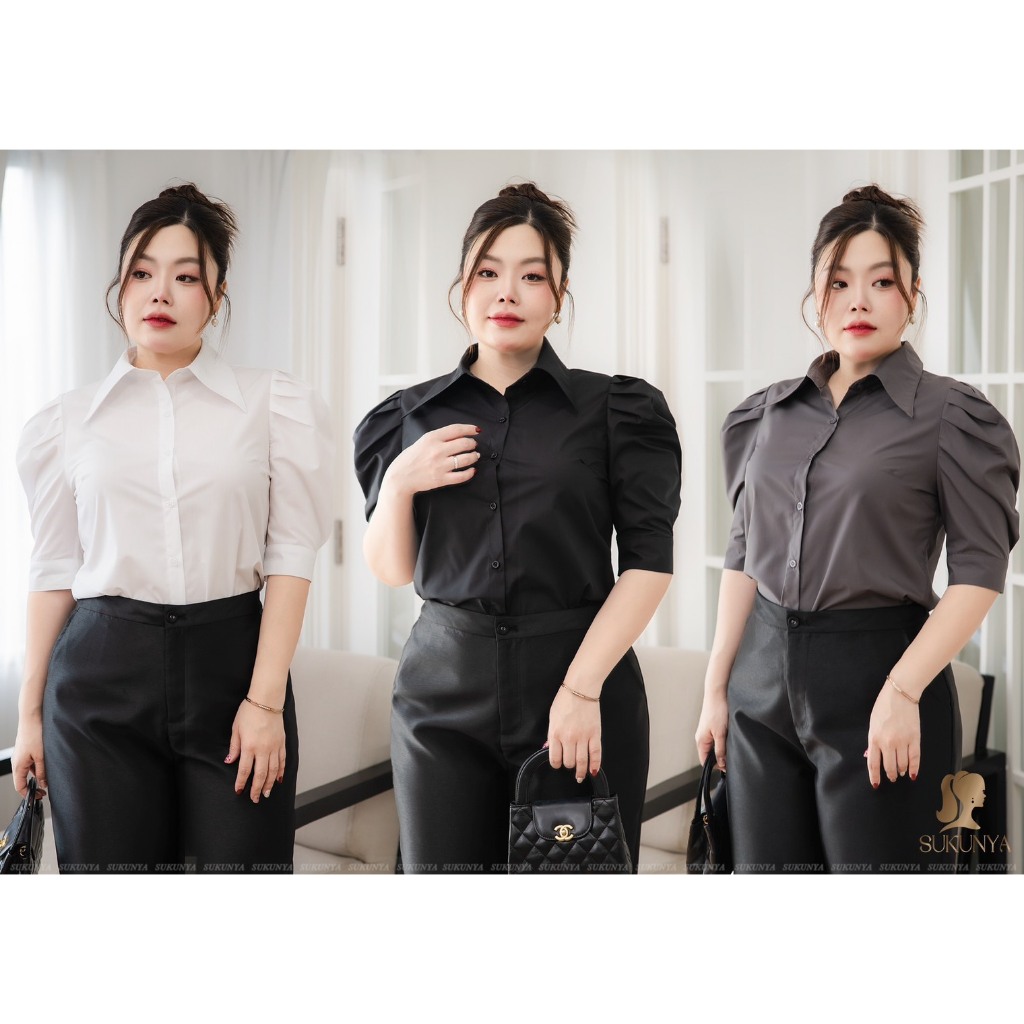 6711เสื้อเชิ้ตผู้หญิงผ้าคอตตอนคอปก ทรงเก๋
