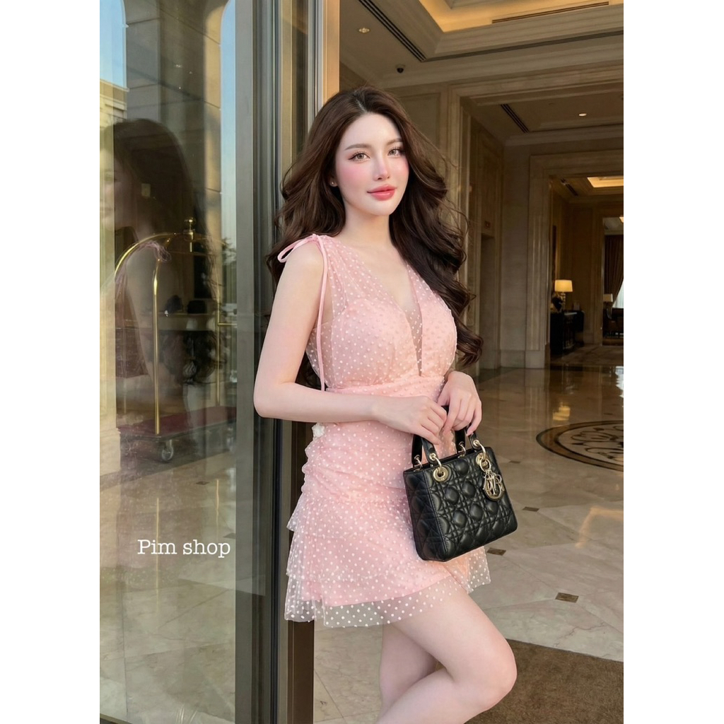 #Khnes เดรสมุ้งลายจุดระบายฟรุ้งฟริ้งอกมีฟองน้ำสวย ลุคส์สาวเวียดนามสาวหวานคิวท์